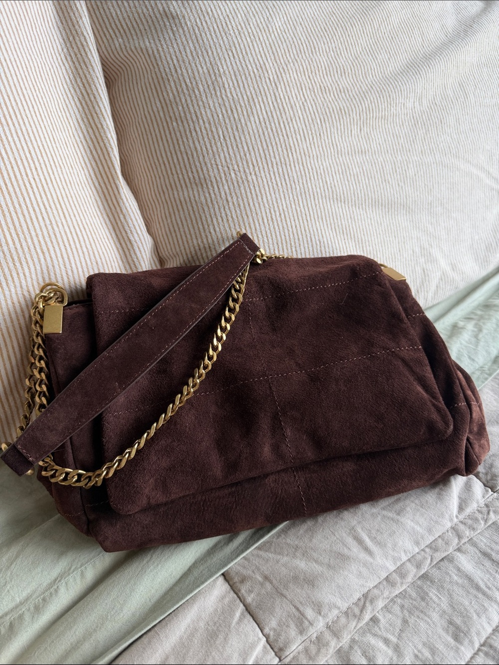Zara Dark Brown Suede Shoulder Bag with Gold Chain